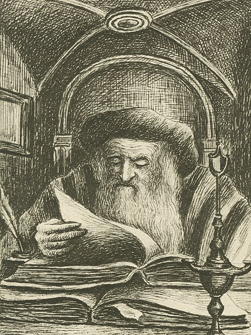 Rashi at his books — artist's imagining